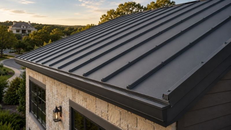 Exposed-fastener metal panel roof with visible screws on a Hill Country home