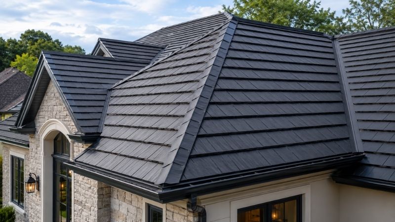 Dark metal shingle roof with a dimensional shake look on a stone Texas home