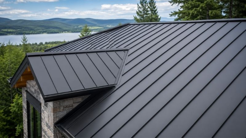 Dark standing seam metal roof with raised vertical seams on a hillside home