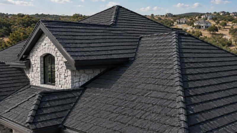 Stone-coated steel roof with a shingle appearance on a Texas Hill Country home